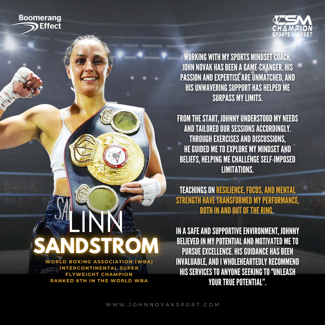 Linn Sandstrom, WBA Intercontinental Super Flyweight Champion ranked 6th in the world, describes how John Novak's sports mindset coaching transformed her performance in and out of the ring, helping her challenge self-imposed limitations and pursue excellence.