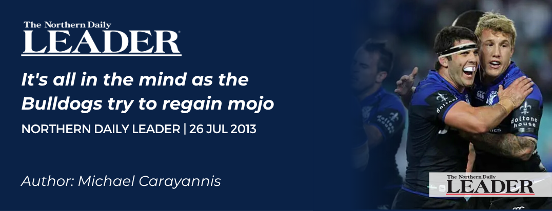 Canterbury Bulldogs NRL players celebrating on field in blue jerseys — Northern Daily Leader article, July 2013