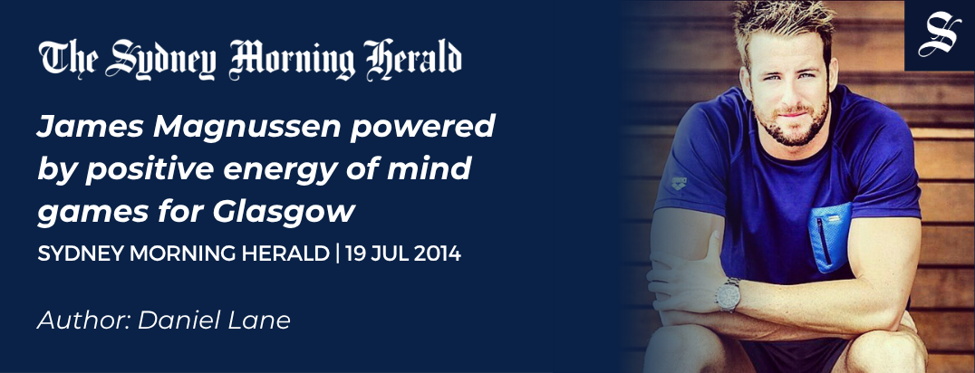 James Magnussen seated in blue Arena swimwear top — Sydney Morning Herald article, July 2014